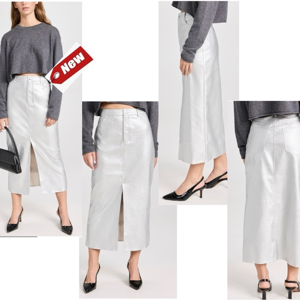 WAYF metallic silver faux leather high waisted midi pencil skirt front slit M